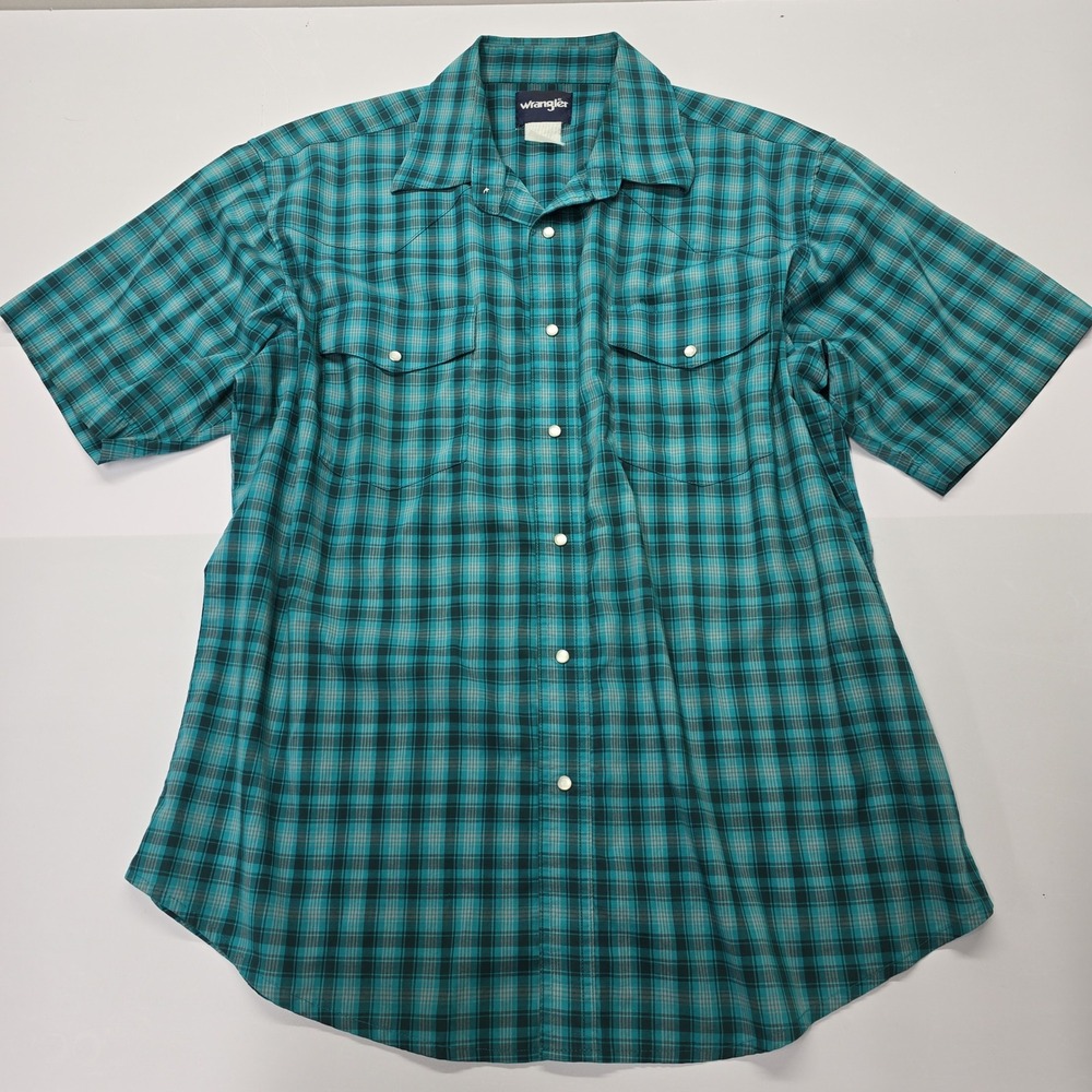 Wrangler Mens Western‎ Pearl Snap Shirt Teal Black Plaid Short Sleeve XL